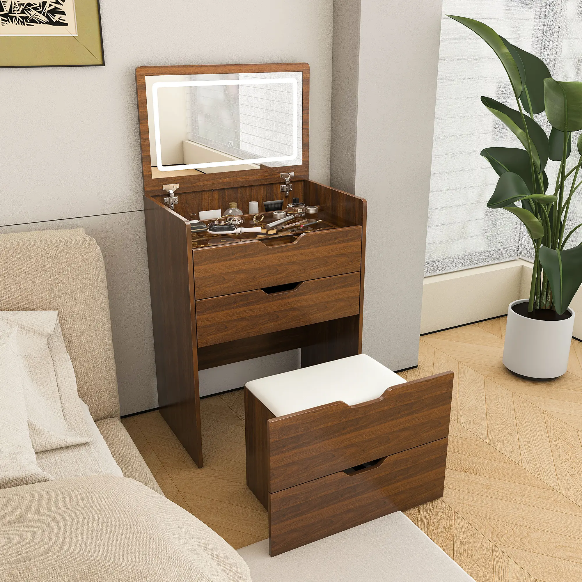 3-in-1 Adjustable Foldable Flip Top Vanity Desk with LED Mirror, Stool, Storage & MDF+Glass Engineered Wood, Assembly Required - Compact Indoor Table for Bedrooms, Dressing Rooms
