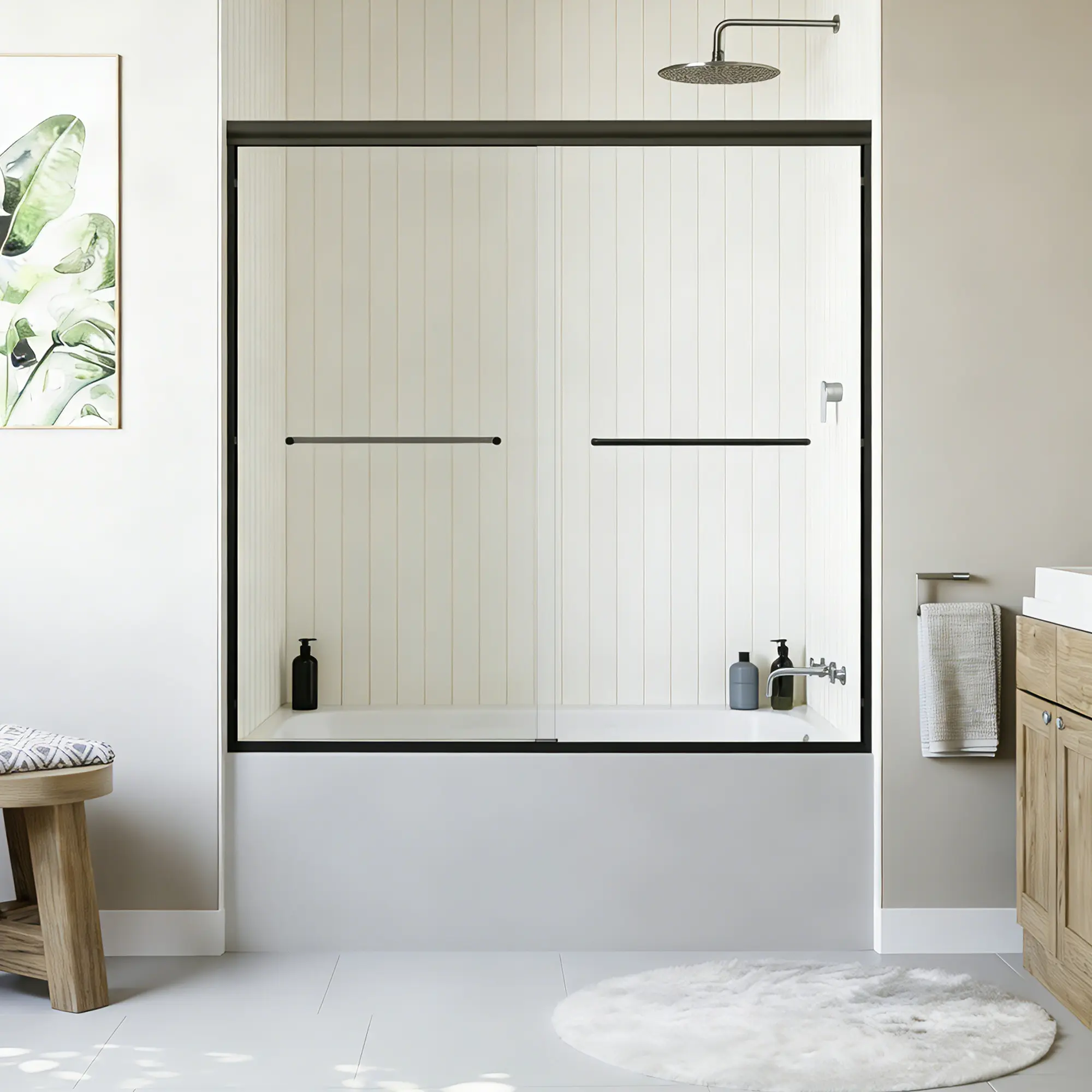 BUILDEPOT Adjustable Semi-Frameless Double Sliding Bathtub & Shower Door (56"-60" W x 58" H) - 1/4" (6mm) Tempered Glass with Safety Film, Aluminium Frame, All Necessary Screws, DIY-Friendly & Reversible, Easy Install, D03-T60, Minimalist, Sliding Door