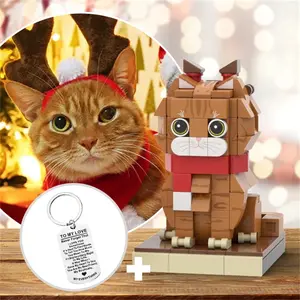 Christmas Cat with Scarf and Reindeer Accessories Full Body Customizable 1 Cat Personalized Photo Custom Brick Figures with Keychain Set