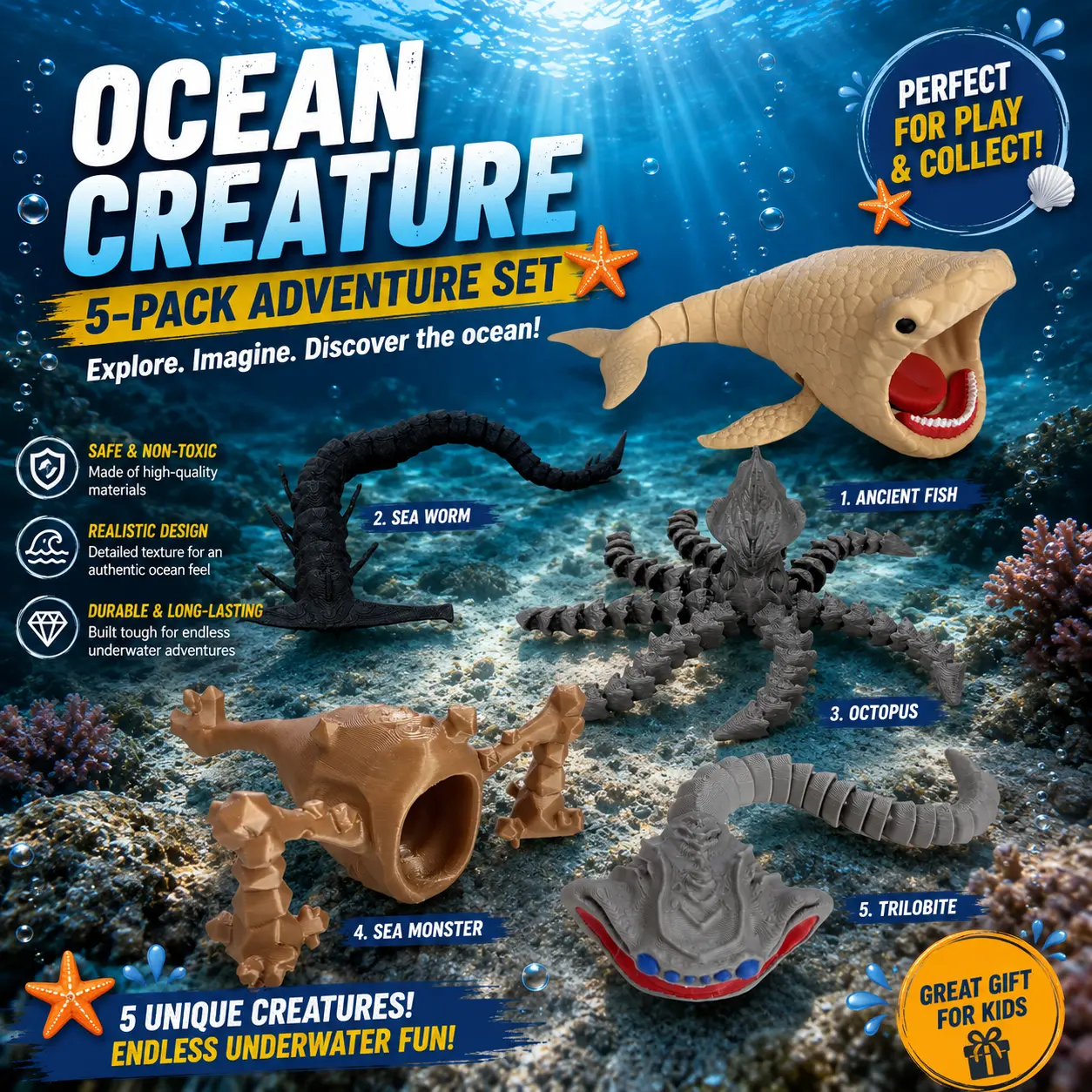 5 Piece 3D Printed Ocean Animal Toy Set, Articulated Sea Worm Octopus Trilobite Figures, Flexible Movable Marine Creature Models, Prehistoric Sea Life Educational Toys, Fantasy Desk Decor & Collectible Gift