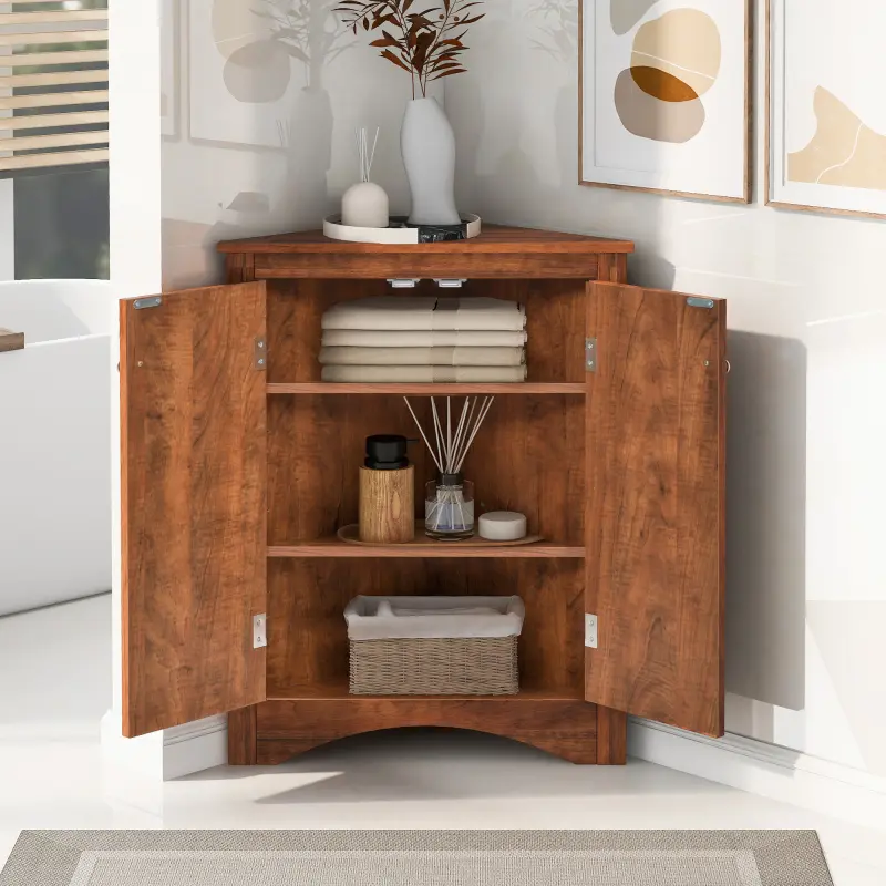 Triangle Bathroom Storage Cabinet with Adjustable Shelves, Freestanding Floor Cabinet for Home Kitchen, Brown