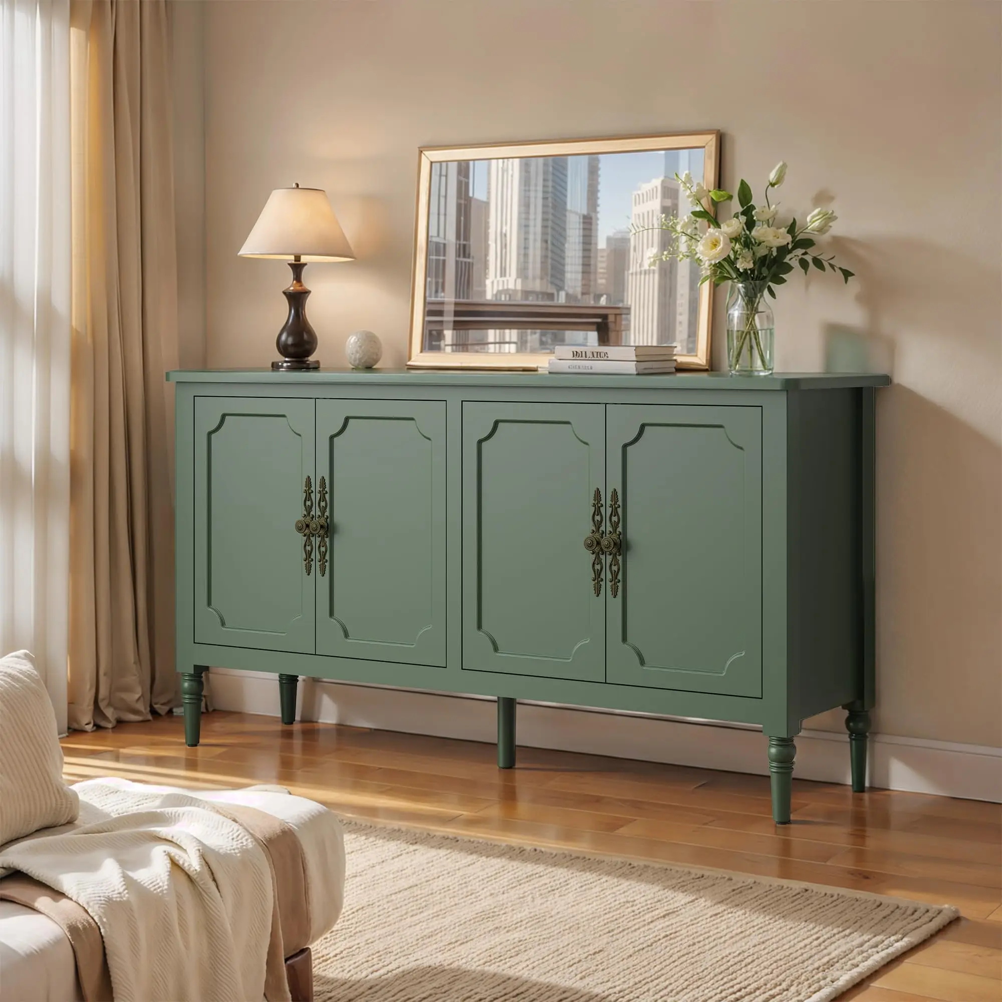 RoyalCraft Console Table, Accent Storage Cabinet with Artistic Carved Handle, Wood Credenza Buffet Sideboard with 4 Doors,Modern Storage Cupboard with