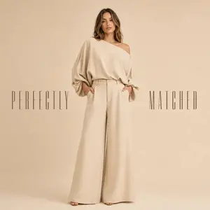 2026 Women's Skew Neck Lantern Sleeve Top & Wide Leg Pants Set & Wedding Gust