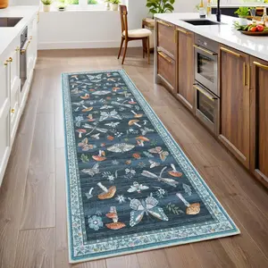GARVEE Mushroom Insect Rug 2x6 Runners for Hallways, Boho Kitchen Runner Rugs Non Slip Bath, Modern Washable Rug for Bedroom, Soft Long Rugs for Entryway Bathroom Laundry Dorm, Blue