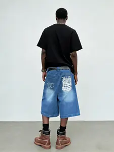 Men's Bermuda Denim Shorts, Street Hip-Hop Loose Straight Leg Pants, Summer Fashion Jeans, Star Embroidery, Y2K Streetwear