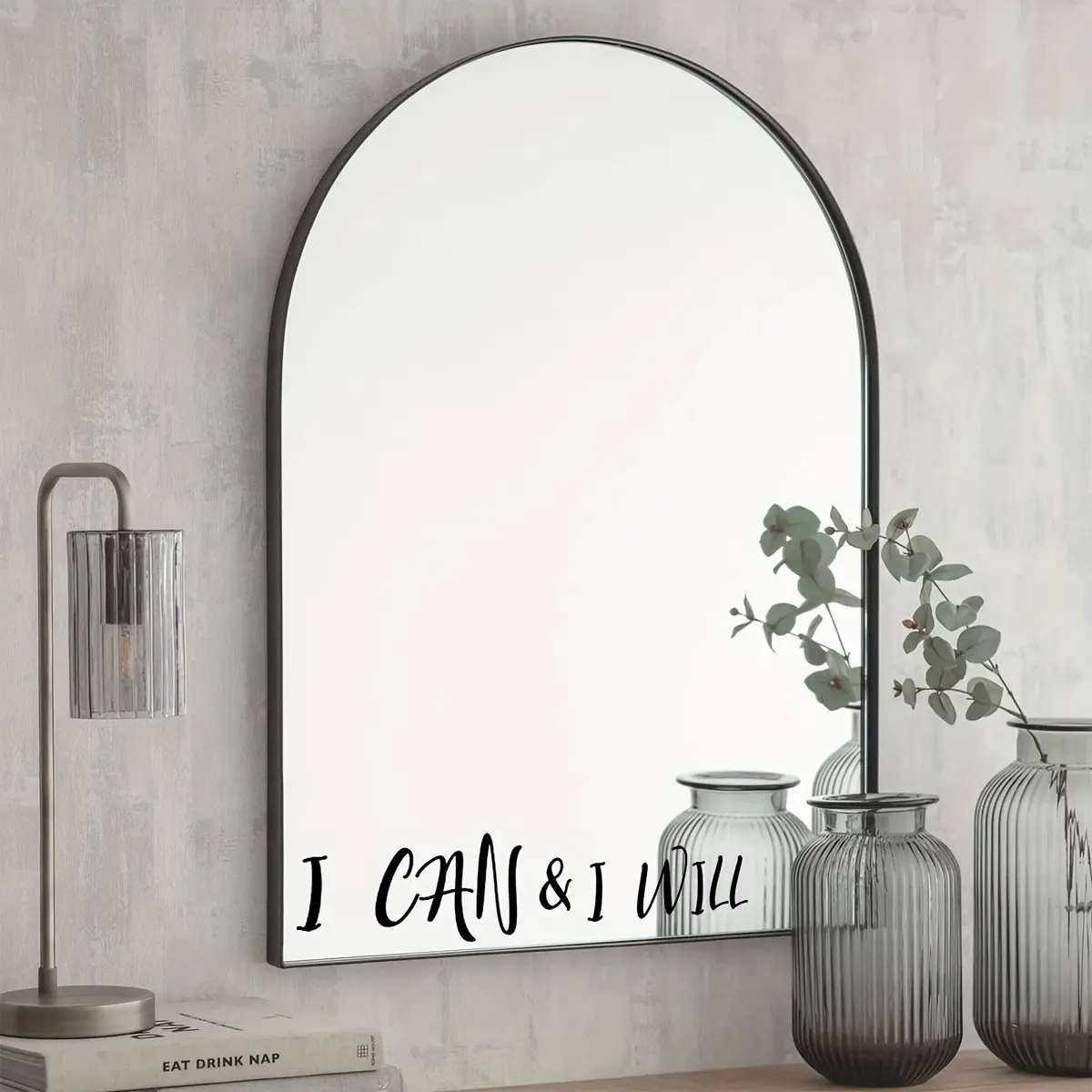 A set of 1 piece (10*30cm) black English phrase decorative mirror sticker, suitable for living room, bedroom, bathroom, double-sided visible glass sticker, self-adhesive wall sticker D14002-KL, Home Decor
