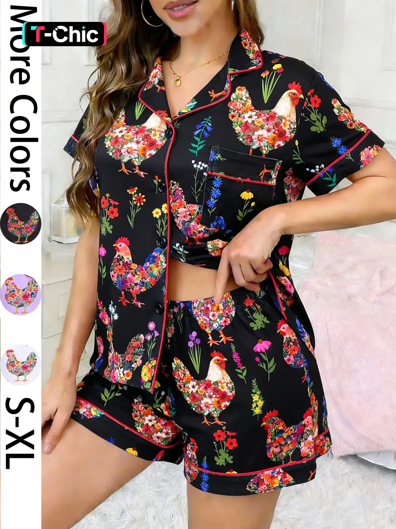 2-piece set of spring and summer women's black base floral chicken print short sleeved shorts soft top with small pocket collar design elastic waistband, daily casual home loungewear women's pajamas set, Cozy matching sleepwear