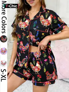 2-piece set of spring and summer women's black base floral chicken print short sleeved shorts soft top with small pocket collar design elastic waistband, daily casual home loungewear women's pajamas set, Cozy matching sleepwear