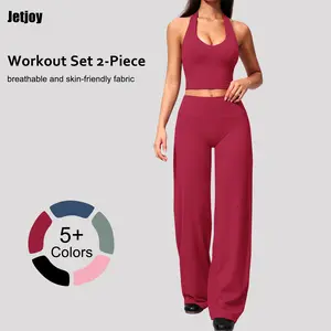 Jetjoy Workout Sets for Women 2 Piece,Backless Sports Bras Halter Top(non-padded) Wide Leg Pants Sets Gym Yoga Work Out Clothes, Matching Wide Leg Pants Sets athleisure Fitness & Casual Wear Yoga Outfits Gym Tracksuit summeroutfit
