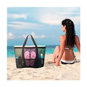 (2packs)Large Capacity Mesh Beach Bag - 9 Pockets Foldable Travel Tote for Beach, Camping & Daily Use