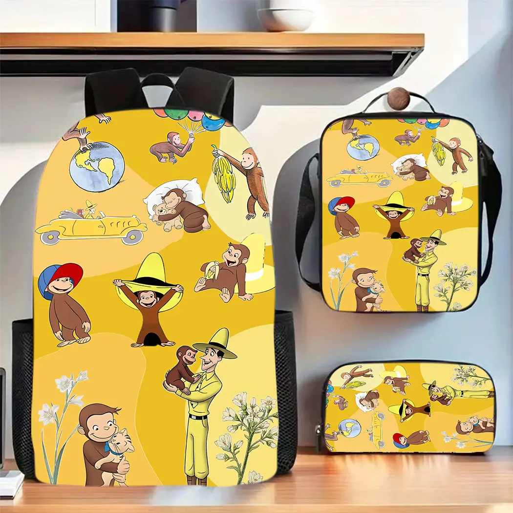 3pcs Lively little monkey Themed unisex backpack, including school bag, pencil case and crossbody bag. Cool handle print, large capacity laptop backpack, ideal for daily commuting, great gift for friends and family,  Travel Organization System