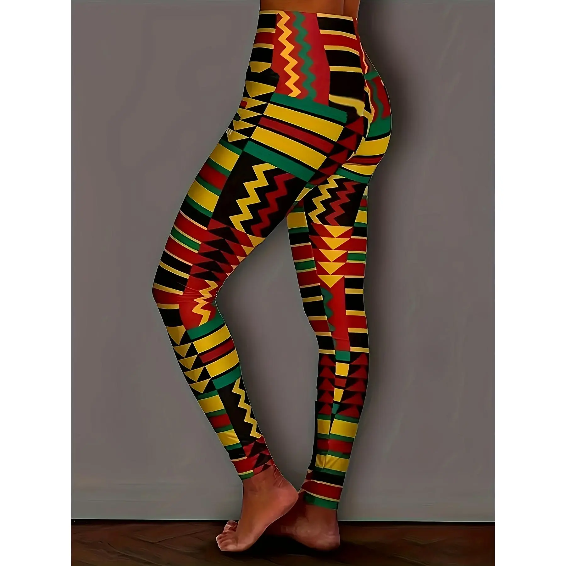 Lady's High-Waist Stripe Pattern Jegging Leggings - Casual Pull-On Skinny-Fit Bottoms, Multi-Size, All-Seasons, No-See-Through Polyester Knit Fabric, Micro-Elastic, Machine Washable, Do Not Dry Clean