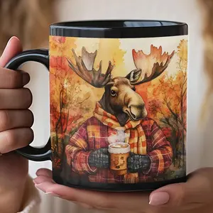Mug, Moose Drinking Coffee in Autumn Forest, Flannel Winter Vibes, Gift for Nature Lover, Holiday Coffee Cup, Animal Mug, Woodland Kitchen #719