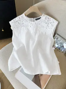 Women's Casual Shirt, Round Neck Sleeveless Lace Patchwork Vest, Perfect for Daily, Travel, Commuting, Elegant Loose-Fitting Long Top