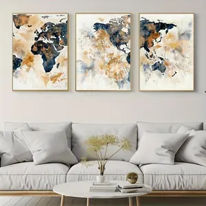 3 Pieces Frameless, Vintage World Map Art Poster, Decorative Painting Large Size Canvas Print Poster Living Room Wall Decoration Bedroom Restaurant Office Wall Decoration Painting Holiday Gift, Frameless, 2D Flat Frameless