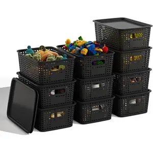 6/10-Pack Plastic Storage Baskets with Lids – Stackable Storage Bins for Shelves – Decorative Organization Boxes for Classroom, Playroom, Closet & Pantry