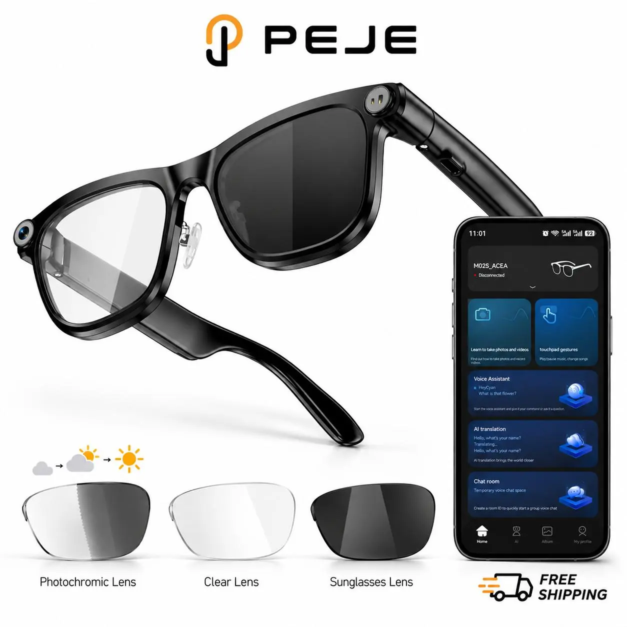 PEJE AI Smart Glasses with 8MP HD Camera, 1080P Video Recording, Bluetooth Audio, Real-Time AI Translation & Free Lifetime App Access, Hands-Free Smart Eyewear for Travel, Cycling, Driving & Outdoor Activities, Unisex Wearable