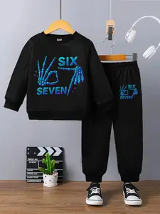 Boys' Spring & Fall Casual Sweatshirt Set, Creative Six Seven67 Christmas Series, Gesture Number 67 Print, Long Sweatpants, Fitted, Gift