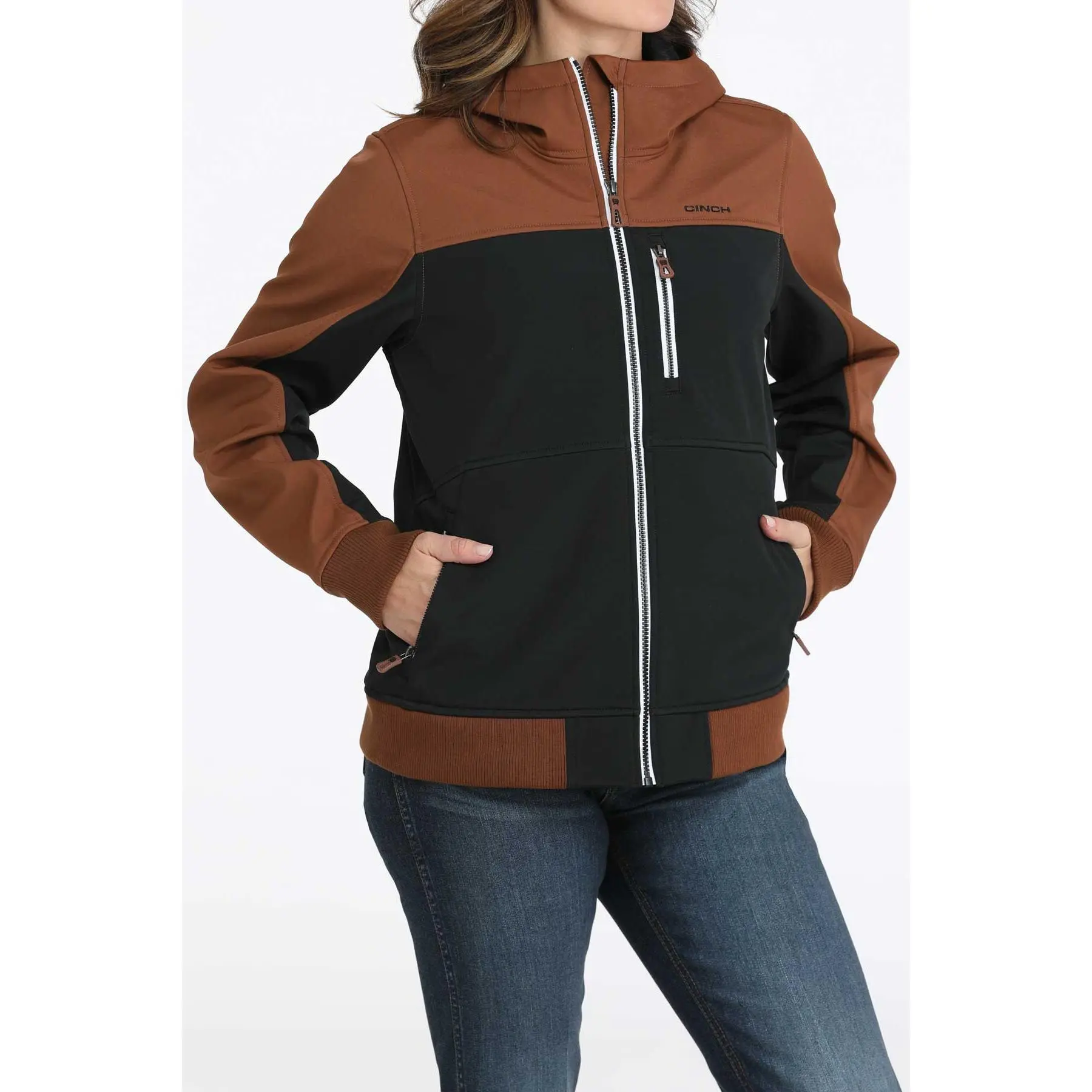 CINCH Women's Fitted Black & Brown Bonded Hoodie Jacket - Western Performance Soft Shell Fabric Long Sleeve Top, Denim-Enhanced Casual 1-Piece Style Outdoor Outerwear for Everyday Wear