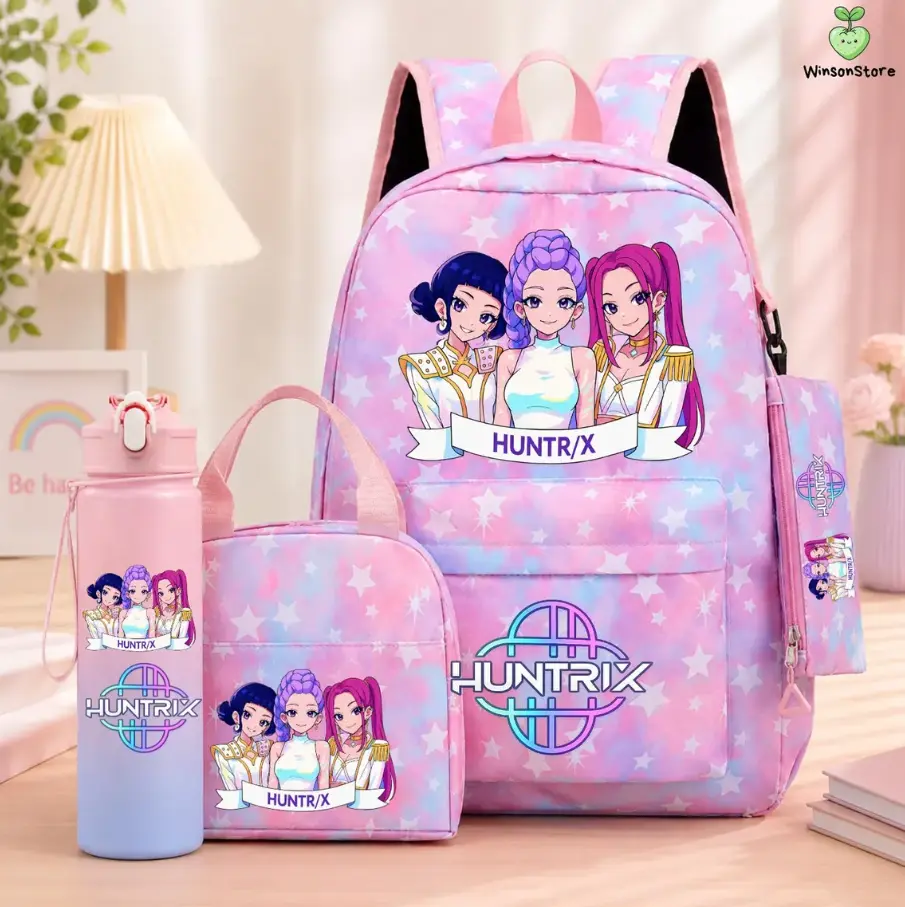 Kpop Demon Hunter Girls 4PCS Backpack Set - Cute Pink School Bag with Lunch Tote, Pencil Case, Water Bottle, Kids Back to School Storage Organizer Set