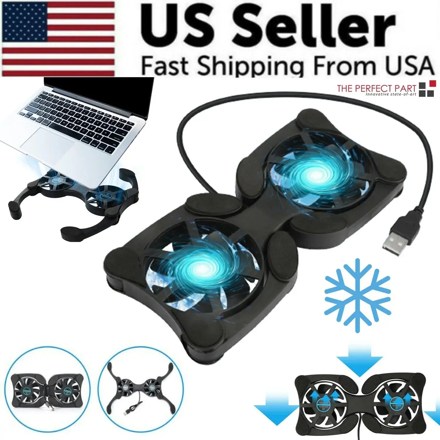 Laptop Cooling Pad, USB Powered Dual Slim Fans Cooler Stand, Foldable for PC Notebook