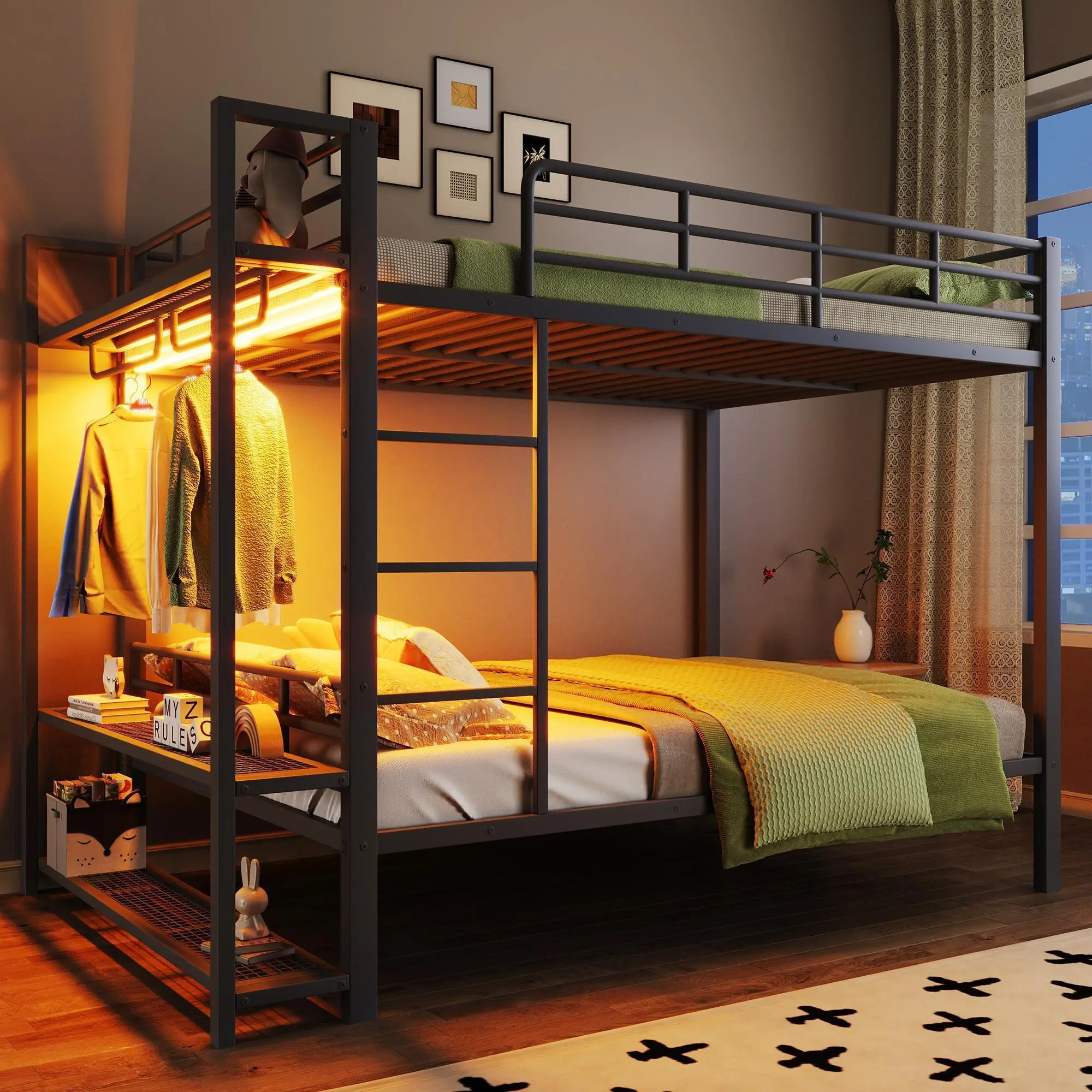 Full Size Metal Bunk Bed with LED Light Strips, Mesh Storage Shelves, and Clothes Hooks - Black, Sturdy Frame for Kids, Teens, and Adults, Space-Saving Bedroom Furniture with App-Controlled Lighting, Full Size, Black Color Option