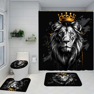 1/4 lion patterned bathroom set, Shower curtain sets, including soft floor mats and toilet seat cushions, shower curtains, home decor, good rebound of floor mats, water absorption and anti slip, preferred for gift giving, Shower Essentials