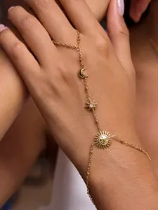 Ladies Bracelet With Diamond Stars And Moons Beaded Finger Chain Stainless Steel 18k Gold Plated Waterproof Anti Allergy Elegant Gentle And Shiny Jewelry Matching