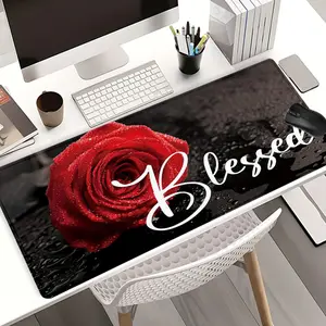 Red Rose “Blessed” Mouse Pads Extra Large Computer Desk Top Mat, Non - Slip Rubber Base & Stitched Edge, Inspirational Decor for Home and Office