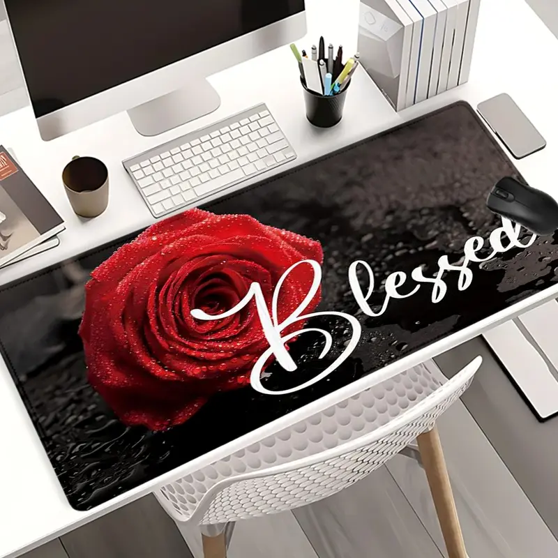 Red Rose “Blessed” Mouse Pads Extra Large Computer Desk Top Mat, Non - Slip Rubber Base & Stitched Edge, Inspirational Decor for Home and Office, Office Accessory, Office Desktop Accessories