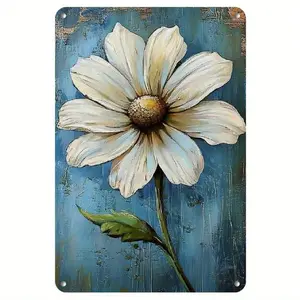 Rustic White Daisy Flower Metal Wall Art - Vintage Tinplate Floral Decorative Sign with Distressed Blue Background, Frameless Easy to Hang, Suitable for Home, Bars, Cafes, Offices - No Electricity Required, Bar Decoration| Faux Stone Wall A