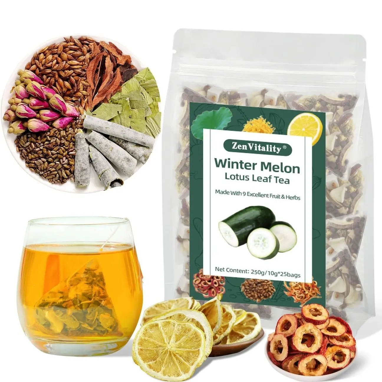 ZenVitality Oil Cleansing Tea Supports Fat Metabolism|Cholesterol Health|Digestive Health Winter Melon Lotus Leaf Tea with Chrysanthemum|Rose|Lemon|Cassia Seed|Hawthorn|Orange Peel|Buckwheat 10g*25Bag