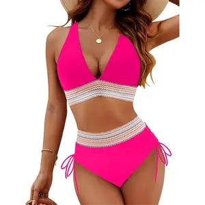 Two-piece Set Women's Patchwork Print Neon Bikini Set, Casual Fashion Chic Swimsuit Set for Beach Holiday Vacation, Ladies Swimwear for All Seasons