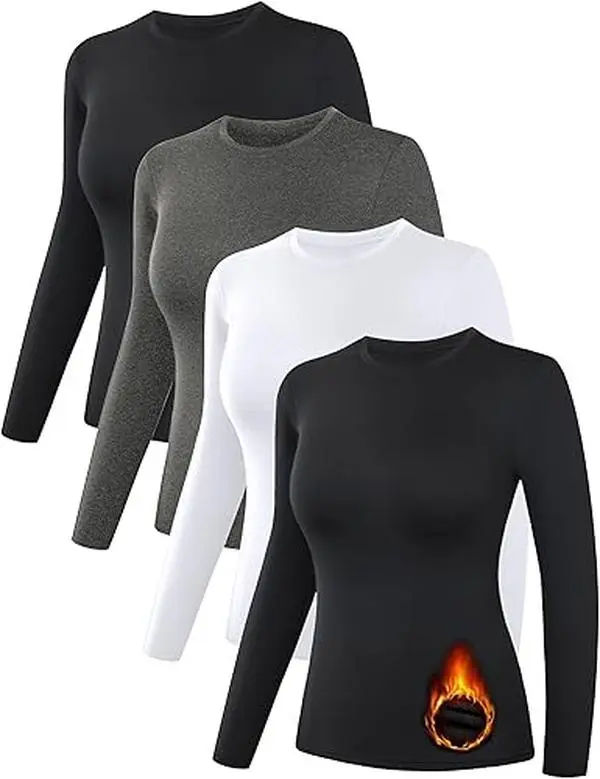 4 Pack Women’s Thermal Shirts, Women Fleece Lined Compression Long Sleeve Base Layer Tops for Winter Cold Weather