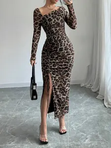European and American Leopard Print Dress, Sexy Bodycon A-Line Long Sleeve Top, Spring/summer Casual Style, Perfect for Daily Wear