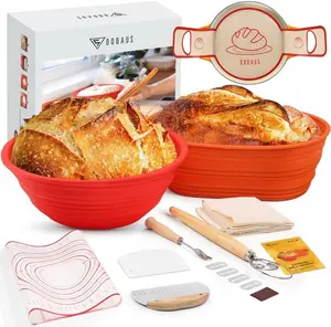 Banneton Bread Proofing Basket - 9" Round & 10" Oval Silicone Baskets with Baking Mat, Dough Scrapers, Bread Lame & Linen Liner Bakeware Utensils