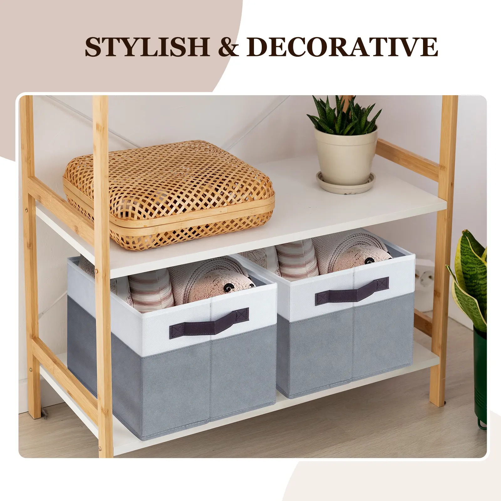 Criusia Modern 4-Pack Large Collapsible Fabric Woven Storage Baskets with Handle - 14"x10" Plastic-Reinforced Home Supplies for Shelf, Garage, College Dorm Organization