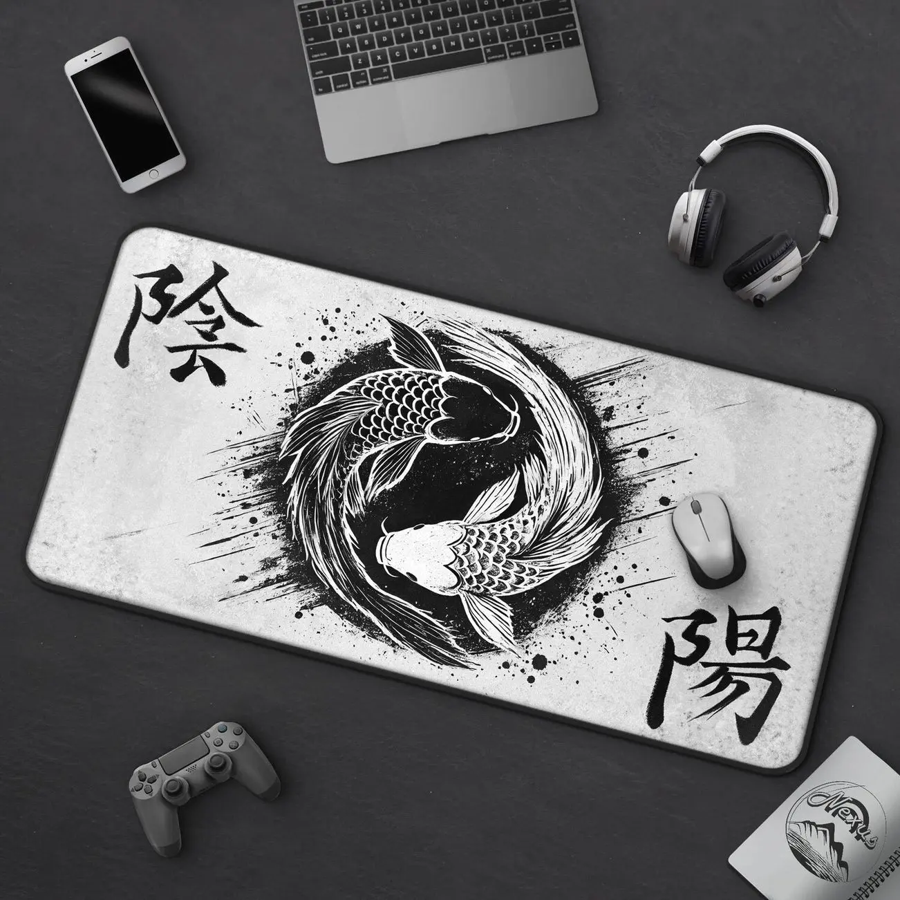 Eternal Flow - Yin & Yang Koi Fish Desk Mat, Cool Modern Japanese Ink Painting Mousepad, Large Gaming Mat, Zen Minimalist Office Decor