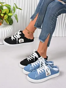 New Fashion Classic Casual Denim Half-Open Canvas Walking Shoes, Women's Laced Flat Mules, Textile Upper, Rubber Sole, All Seasons