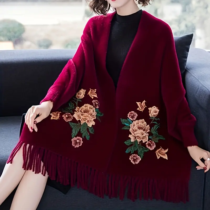 Women's Elegant Floral Embroidered Faux Fur Shawl Scarf - Autumn Winter Cloak-Style Accessory with Tassel, Yellow, Floral Embroidered Scarf