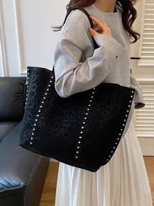 2025 Women's New Style Fashionable Retro Studded Decor Tote Large-Capacity Tote Bag, Casual Minimalist Versatile, for Outings Commuting, Solid-Color Leopard-Print Single-Shoulder Tote Bag