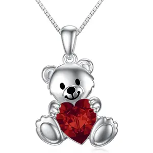 Teddy Bear Crystal Necklaces for Women 925 Sterling Silver Bear Birthstone Necklace Birthday Valentines Day Teddy Bear Jewelry Gifts for Mom Daughter Wife