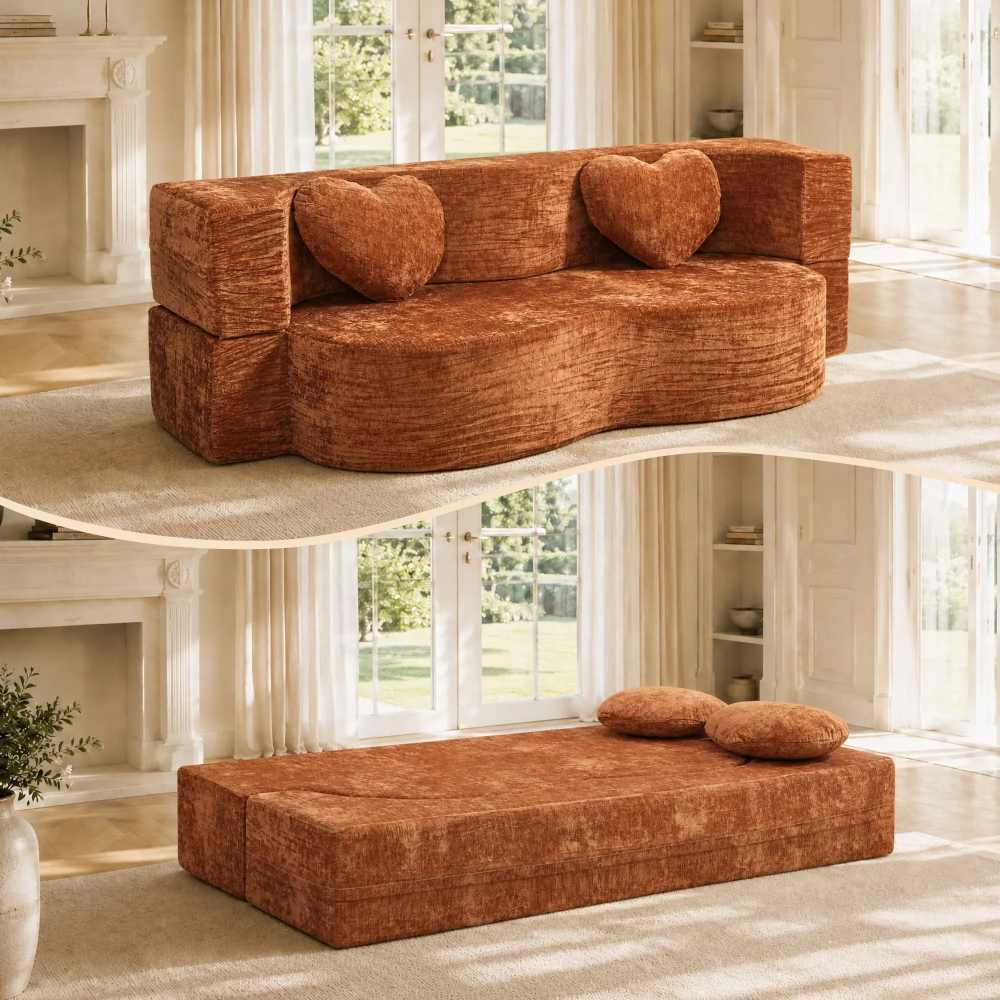 Eyisean 79" Polyester 2-in-1 Convertible Sleeper Sofa Bed, Comfy Boneless Cloud Couch with Heart Shaped Pillows, Foldable Floor Futon Loveseat Mattress, Deep Seat Sofa for Living Room, Apartment, Small Spaces, No Assembly Required