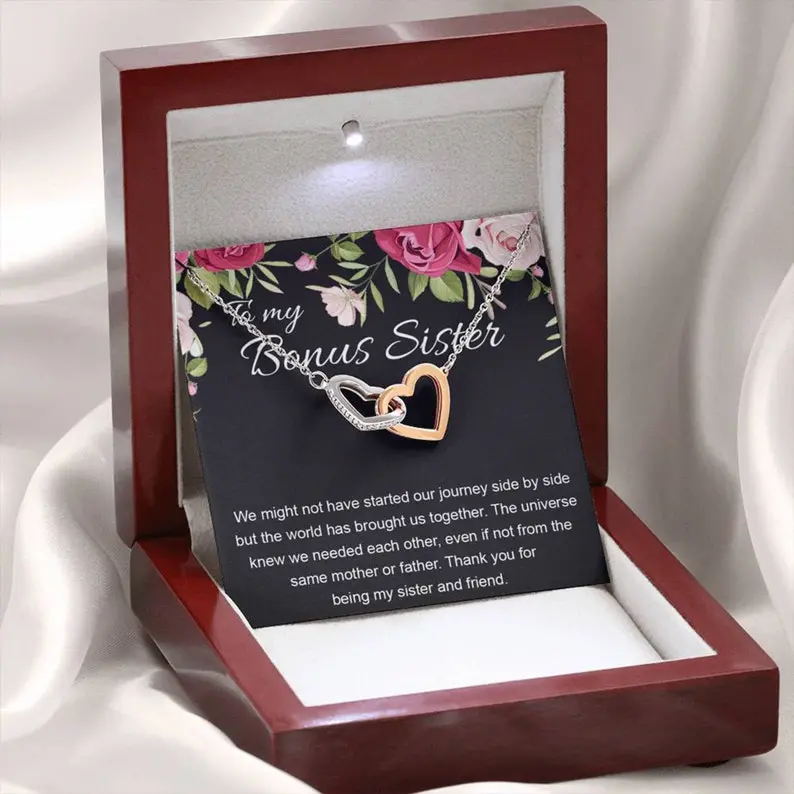 To My Sister Necklace, Personalized Bonus Sister Gift Heart Necklace Custom Message Card Sentimental Birthday Keepsake Unbiological Sister Present