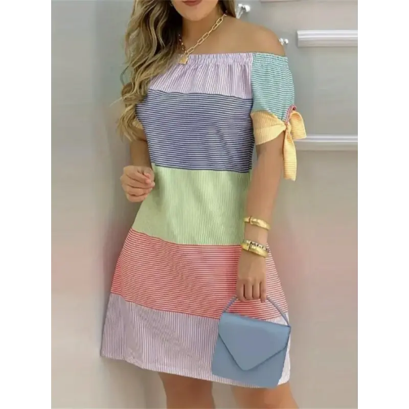 Women's Off-Shoulder Slim Fit Dress with Elegant Knot Detail - Knee-Length Short Sleeve Striped Summer Dress in Pastel Colors, Machine Washable for Spring & Summer Casual or Formal Wear, Short Sleeve Dress Collar Fabric Chic Womenswear