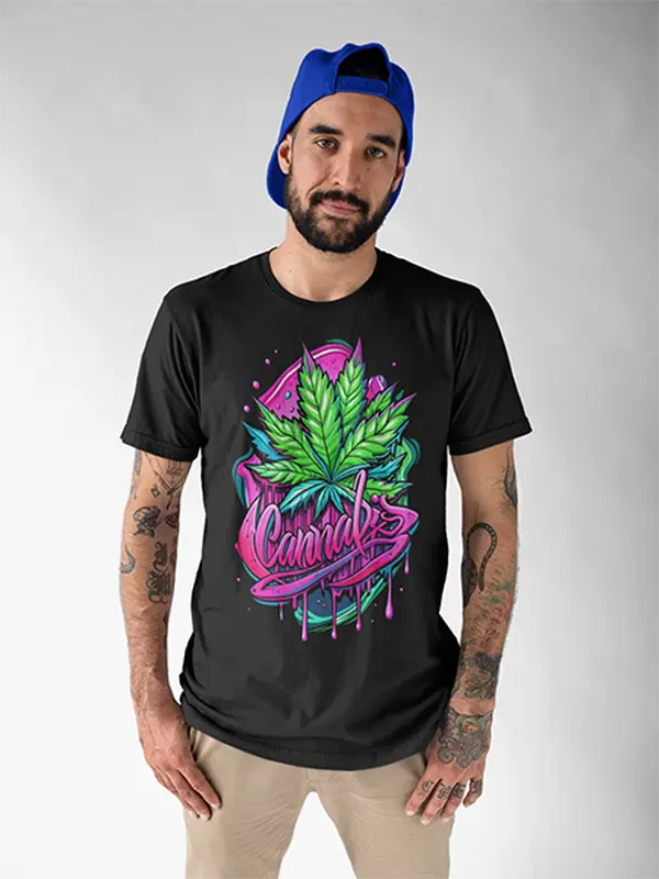 Men's Short-Sleeve Casual Unisex Neon Cannabis Leaf T-Shirt, Trippy Graffiti 420 Weed Graphic, Vibrant Stoner Streetwear Top