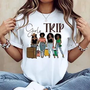 Girls Trip With Four Women And Suitcases Print T Shirt White Casual Loose Fit For Leisure And Sports Activities