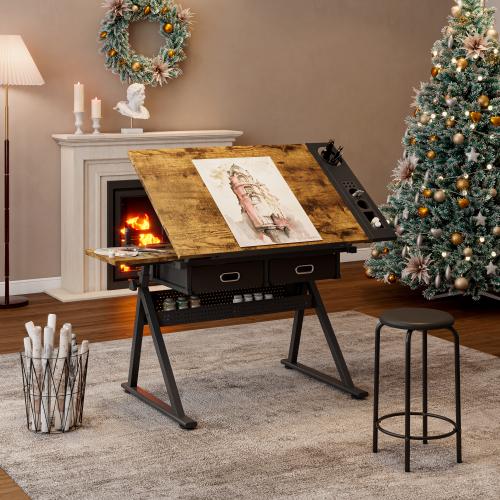 Bellemave  Adjustable drawing drafting table desk with 2 drawers for home office and school with stool