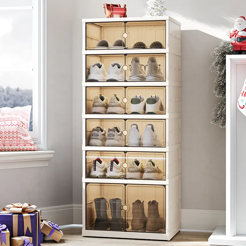 7CODE 9-Tier Folding Shoe Organizer with Magnetic Door, Sturdy Plastic Stackable Shoe Cabinet, Holds 18 Pairs, Large Capacity, Space-Saving, No Assembly Required