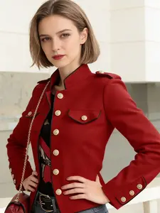 A women's fashionable retro style red stand up collar gold buckle short jacket with contrasting colors, multiple pockets, waist cinching, commuting daily wear top, suitable for all seasons, suitable for vacation, indoor, outdoor wear